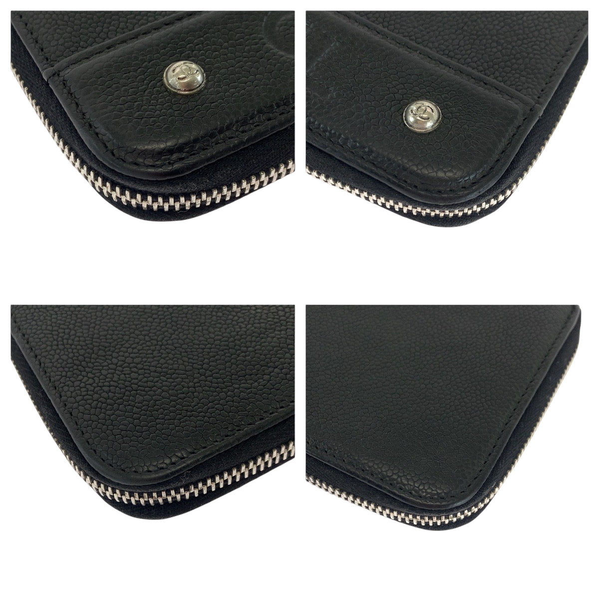 CHANEL Long Wallet Purse Caviar skin Black SilverMetal Long Wallet Purse Zip Around COCO Mark Women Used Authentic