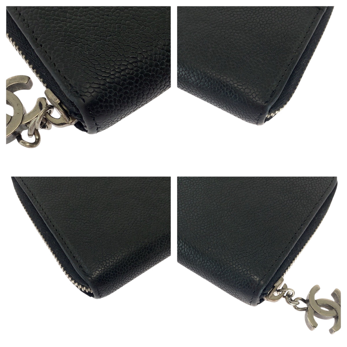 CHANEL Long Wallet Purse Caviar skin Black SilverMetal Long Wallet Purse Zip Around COCO Mark Women Used Authentic