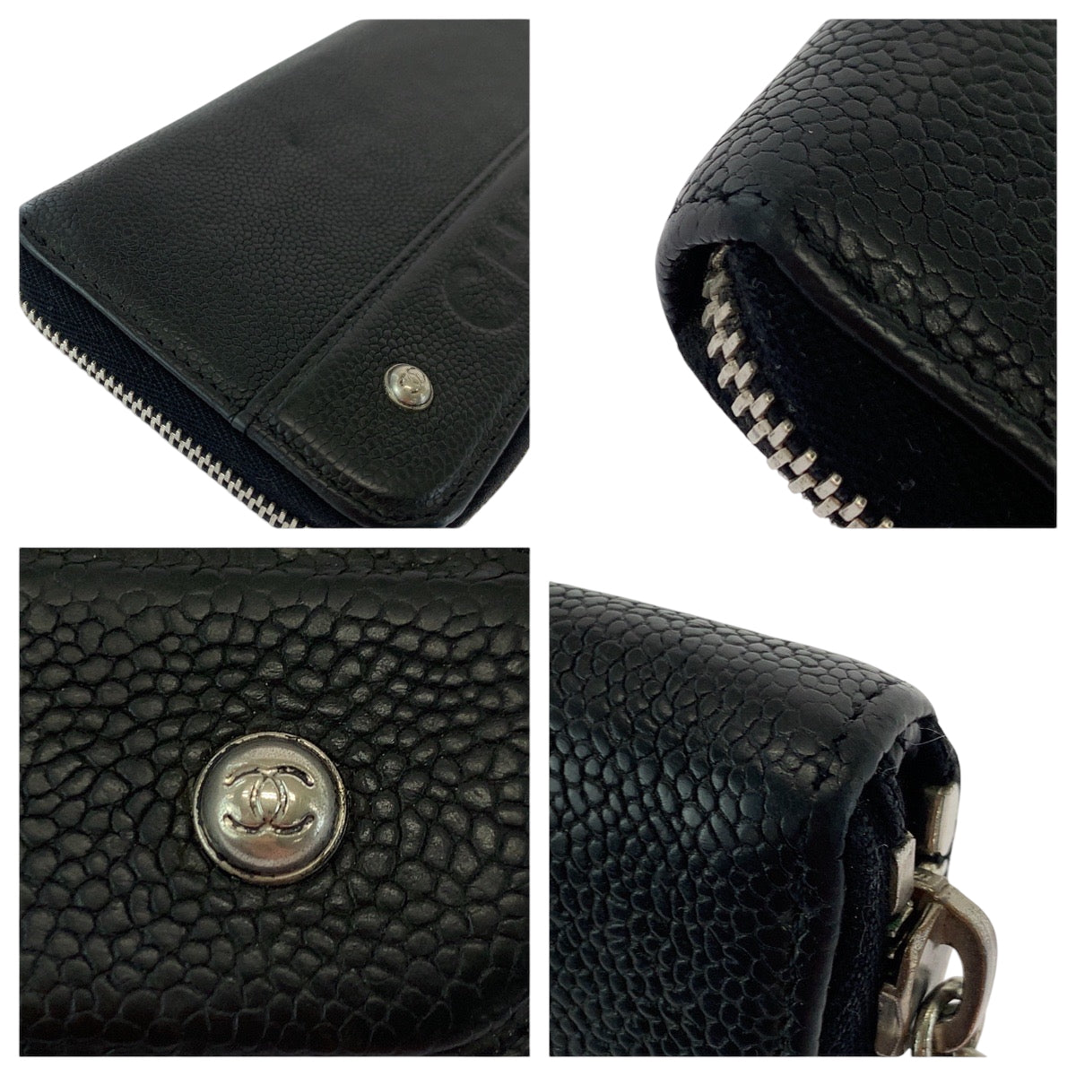 CHANEL Long Wallet Purse Caviar skin Black SilverMetal Long Wallet Purse Zip Around COCO Mark Women Used Authentic