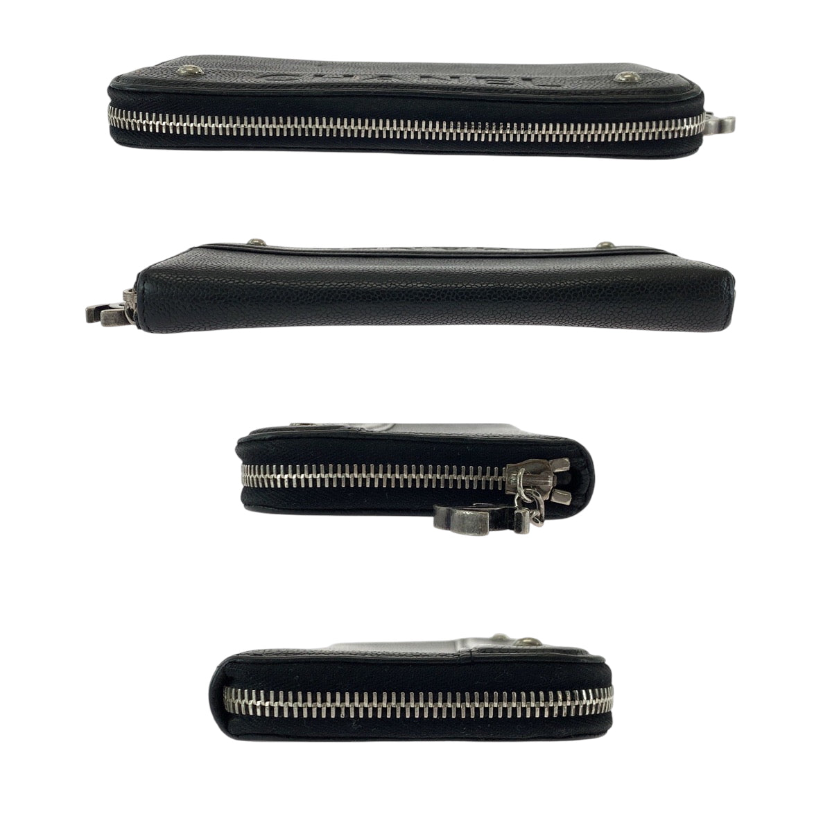 CHANEL Long Wallet Purse Caviar skin Black SilverMetal Long Wallet Purse Zip Around COCO Mark Women Used Authentic