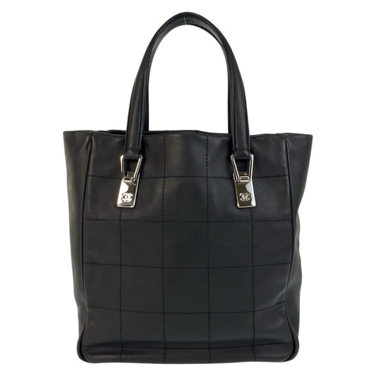 CHANEL Tote Bag leather Black SilverMetal Tote Bag handbag Chocolate bar Women Used Authentic