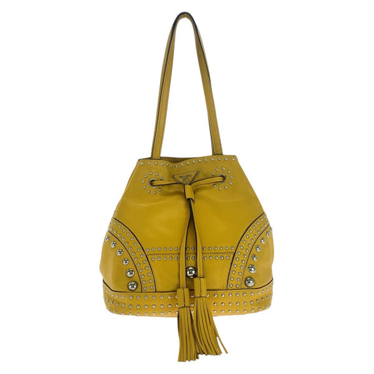 PRADA Shoulder Bag leather Yellow SilverMetal Shoulder Bag Drawstring Tassel Studs Triangle With logo Women Used Authentic