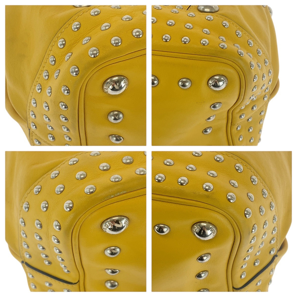 PRADA Shoulder Bag leather Yellow SilverMetal Shoulder Bag Drawstring Tassel Studs Triangle With logo Women Used Authentic