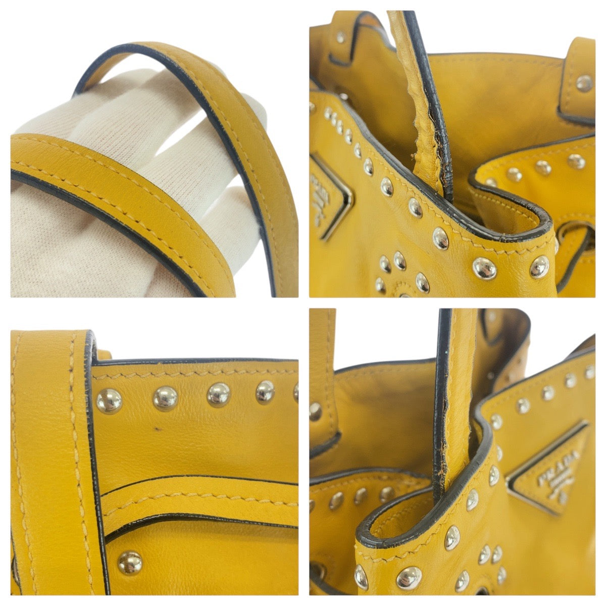 PRADA Shoulder Bag leather Yellow SilverMetal Shoulder Bag Drawstring Tassel Studs Triangle With logo Women Used Authentic