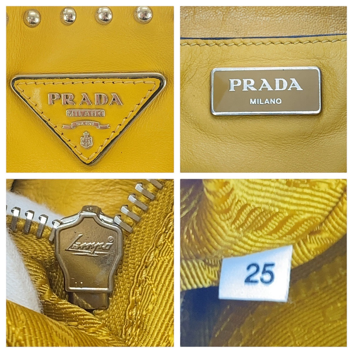 PRADA Shoulder Bag leather Yellow SilverMetal Shoulder Bag Drawstring Tassel Studs Triangle With logo Women Used Authentic