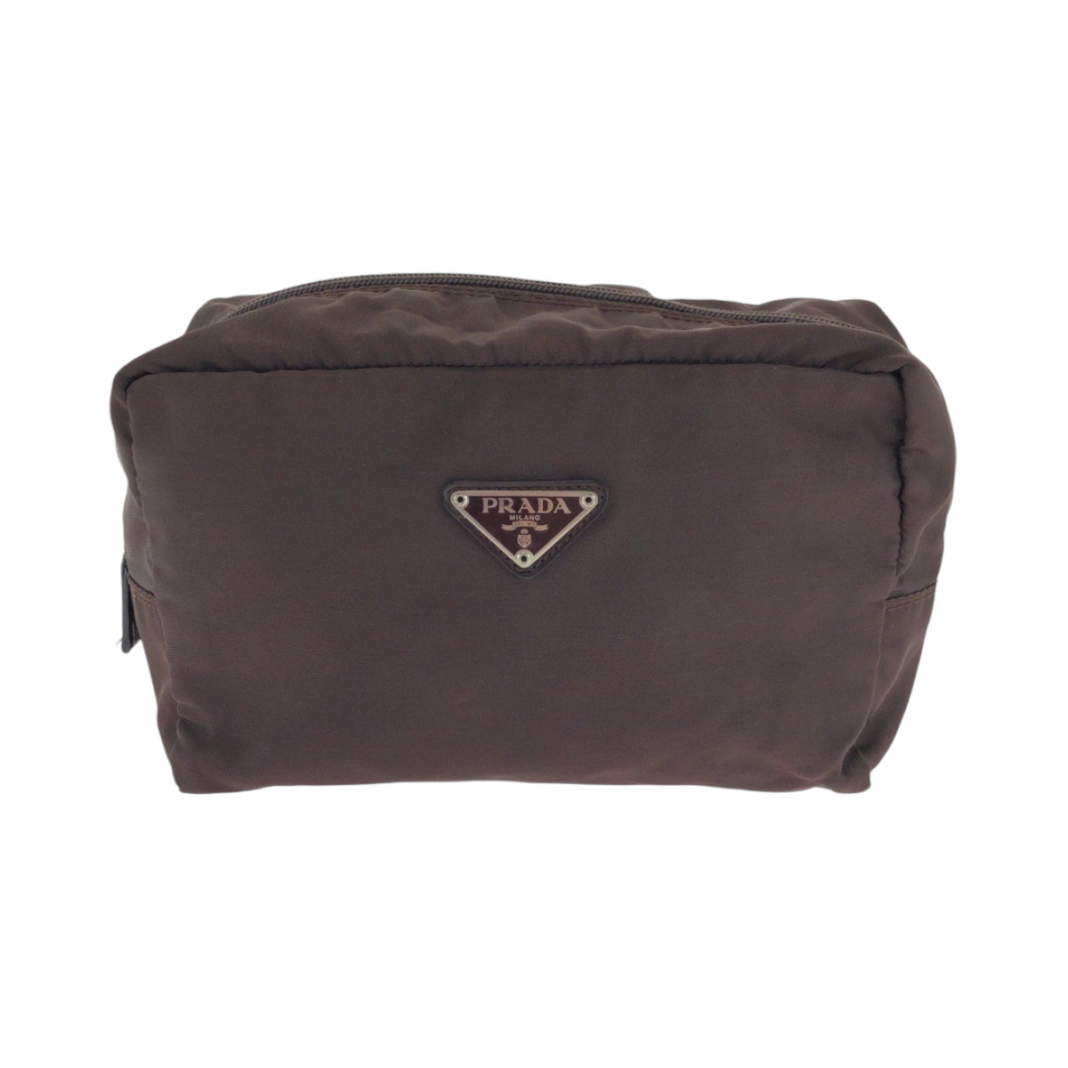 PRADA Pouch Nylon Brown Silver Metal Pouch Cosmetics Pouch Test Triangle With logo Women Used Authentic