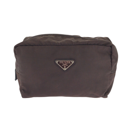 PRADA Pouch Nylon Brown Silver Metal Pouch Cosmetics Pouch Test Triangle With logo Women Used Authentic