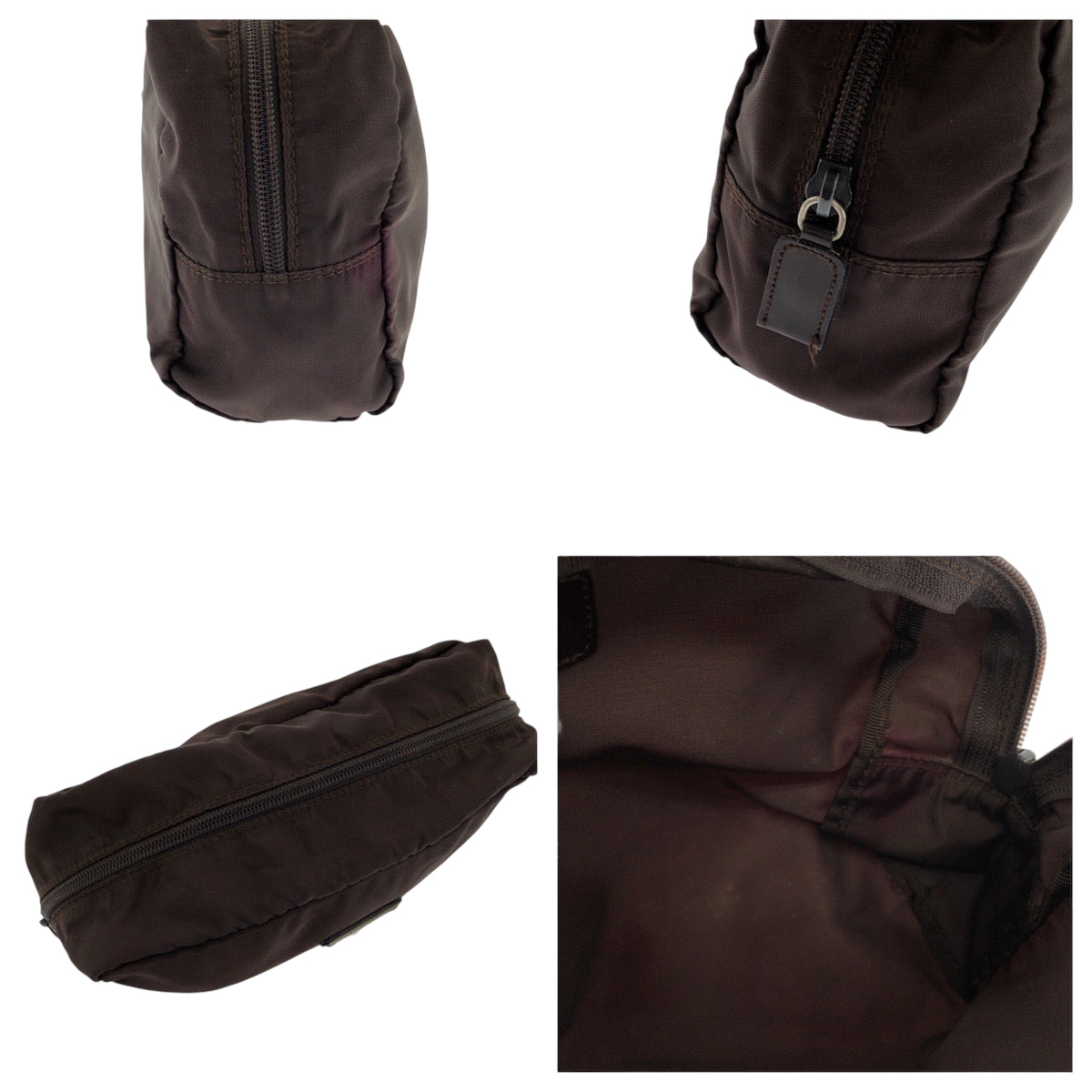 PRADA Pouch Nylon Brown Silver Metal Pouch Cosmetics Pouch Test Triangle With logo Women Used Authentic