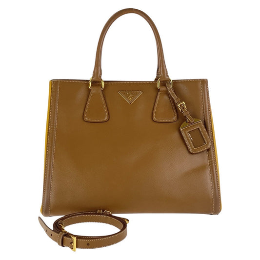PRADA Tote Bag leather Brown Yellow Gold Metal Tote Bag Shoulder Bag 2WAY Safiano Triangle With logo Women Used Authentic