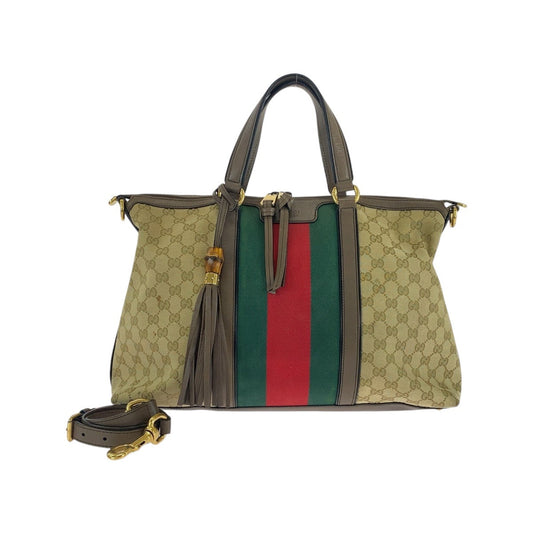 GUCCI Tote Bag 309621 GG canvas, leather Beige Brown Gold Metal Tote Bag Shoulder Bag 2way Sherry line Women Used Authentic