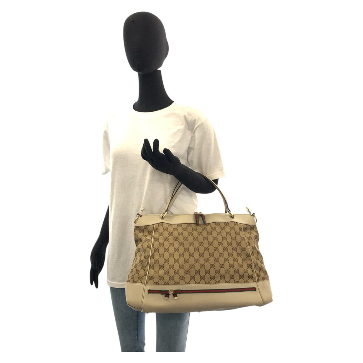 GUCCI Tote Bag 257349 GG canvas, leather Beige Gold Metal Tote Bag Shoulder Bag 2way Mayfair Sherry Line Women Used Authentic