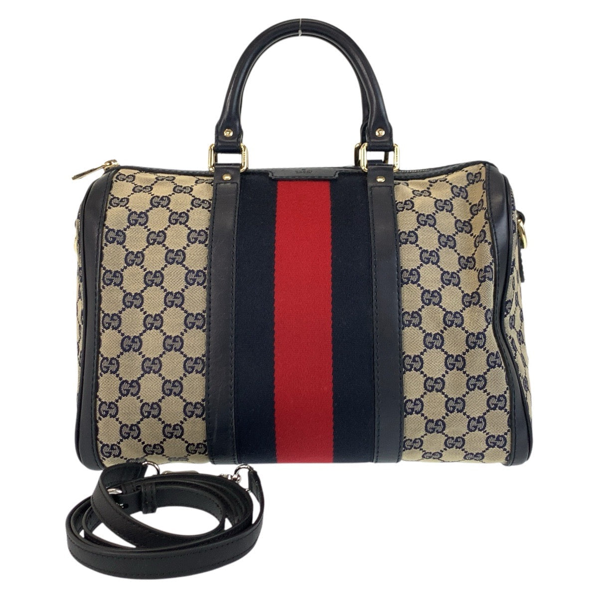 GUCCI Handbag 247205 GG canvas, leather Gray Navy Gold Metal Handbag Boston Duffel bag Shoulder Bag 2way Sherry line Women Used Authentic
