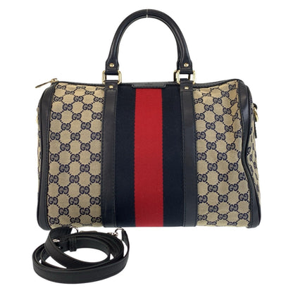 GUCCI Handbag 247205 GG canvas, leather Gray Navy Gold Metal Handbag Boston Duffel bag Shoulder Bag 2way Sherry line Women Used Authentic