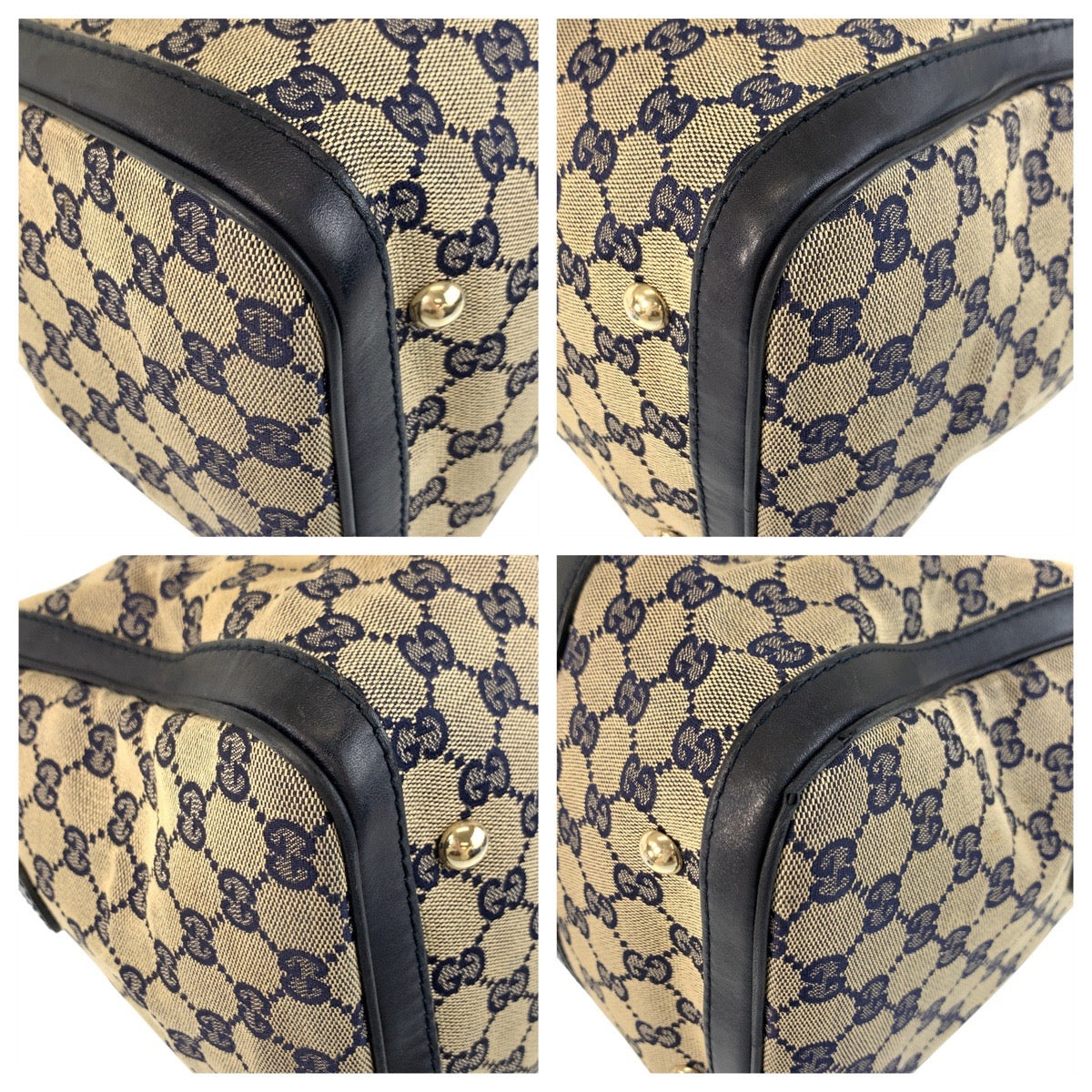 GUCCI Handbag 247205 GG canvas, leather Gray Navy Gold Metal Handbag Boston Duffel bag Shoulder Bag 2way Sherry line Women Used Authentic