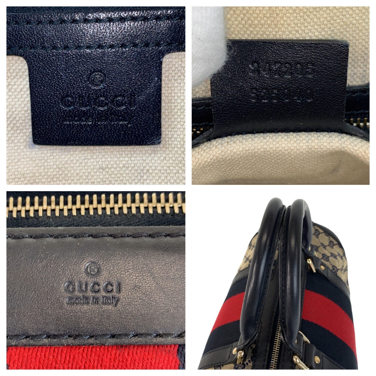 GUCCI Handbag 247205 GG canvas, leather Gray Navy Gold Metal Handbag Boston Duffel bag Shoulder Bag 2way Sherry line Women Used Authentic