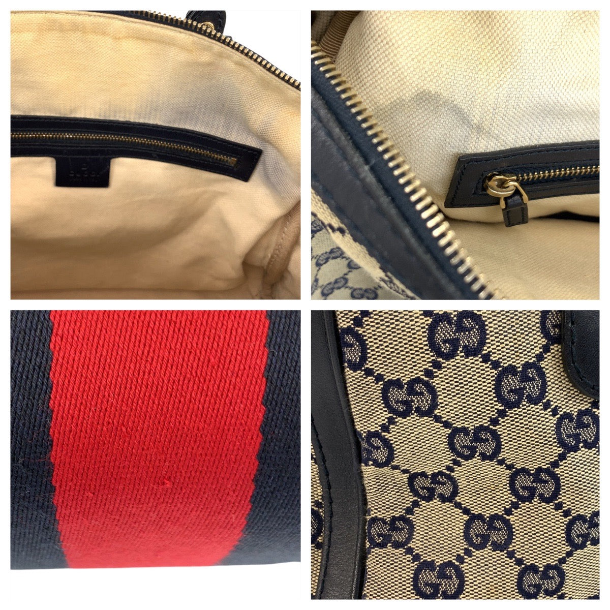 GUCCI Handbag 247205 GG canvas, leather Gray Navy Gold Metal Handbag Boston Duffel bag Shoulder Bag 2way Sherry line Women Used Authentic