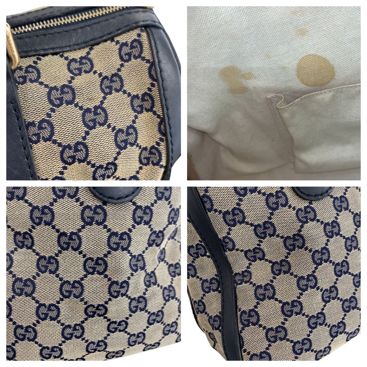 GUCCI Handbag 247205 GG canvas, leather Gray Navy Gold Metal Handbag Boston Duffel bag Shoulder Bag 2way Sherry line Women Used Authentic