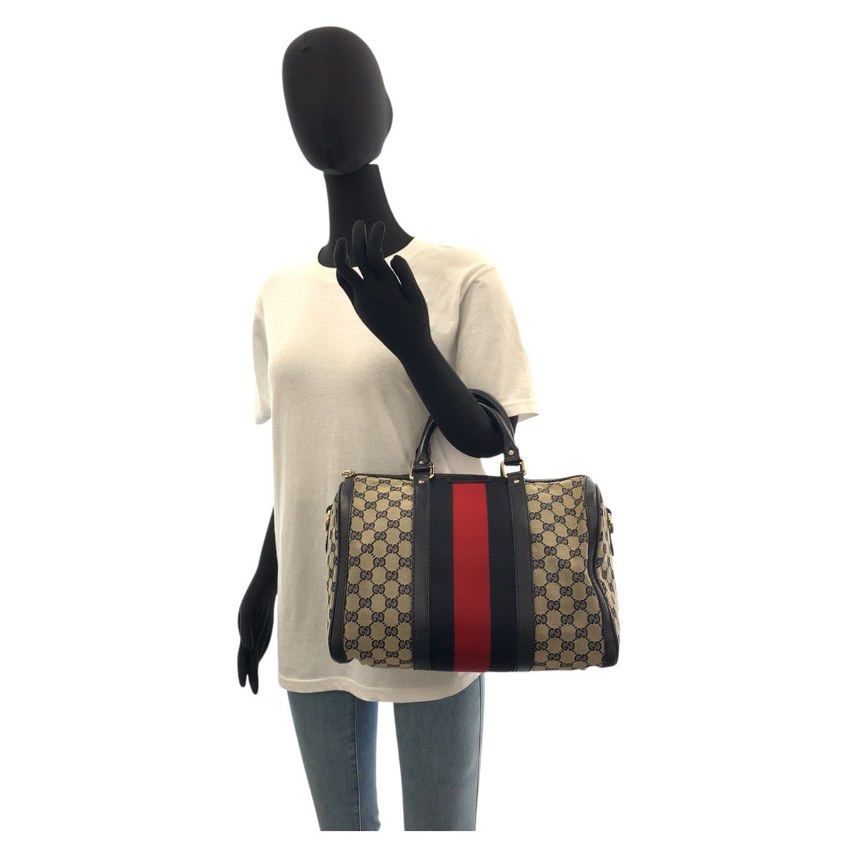 GUCCI Handbag 247205 GG canvas, leather Gray Navy Gold Metal Handbag Boston Duffel bag Shoulder Bag 2way Sherry line Women Used Authentic