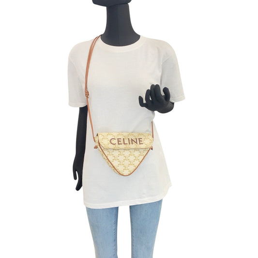 CELINE Shoulder Bag PVC beige Crossbody Shoulder Bag Pochette Triomphe Triangle Women Used Authentic