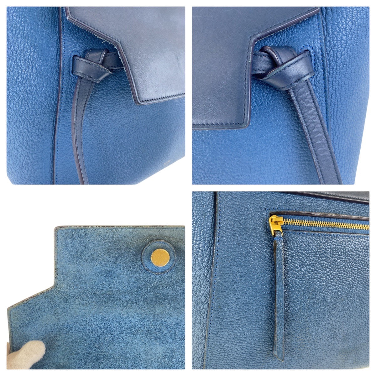 CELINE Handbag leather Blur Navy Gold Metal Handbag Shoulder Bag 2WAY Belt bag Women Used Authentic