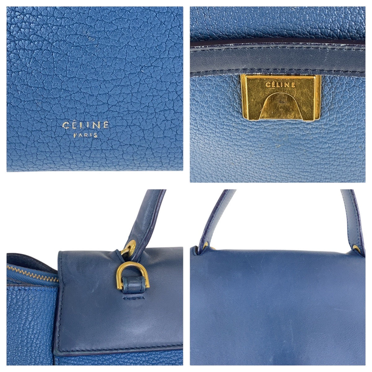 CELINE Handbag leather Blur Navy Gold Metal Handbag Shoulder Bag 2WAY Belt bag Women Used Authentic