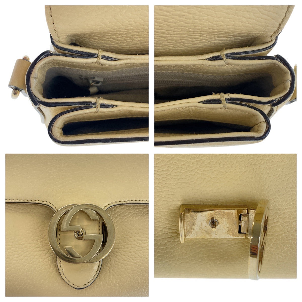 GUCCI Shoulder Bag 607720 leather Ivory Gold Metal Crossbody Chain Shoulder Bag Interlocking Women Used Authentic