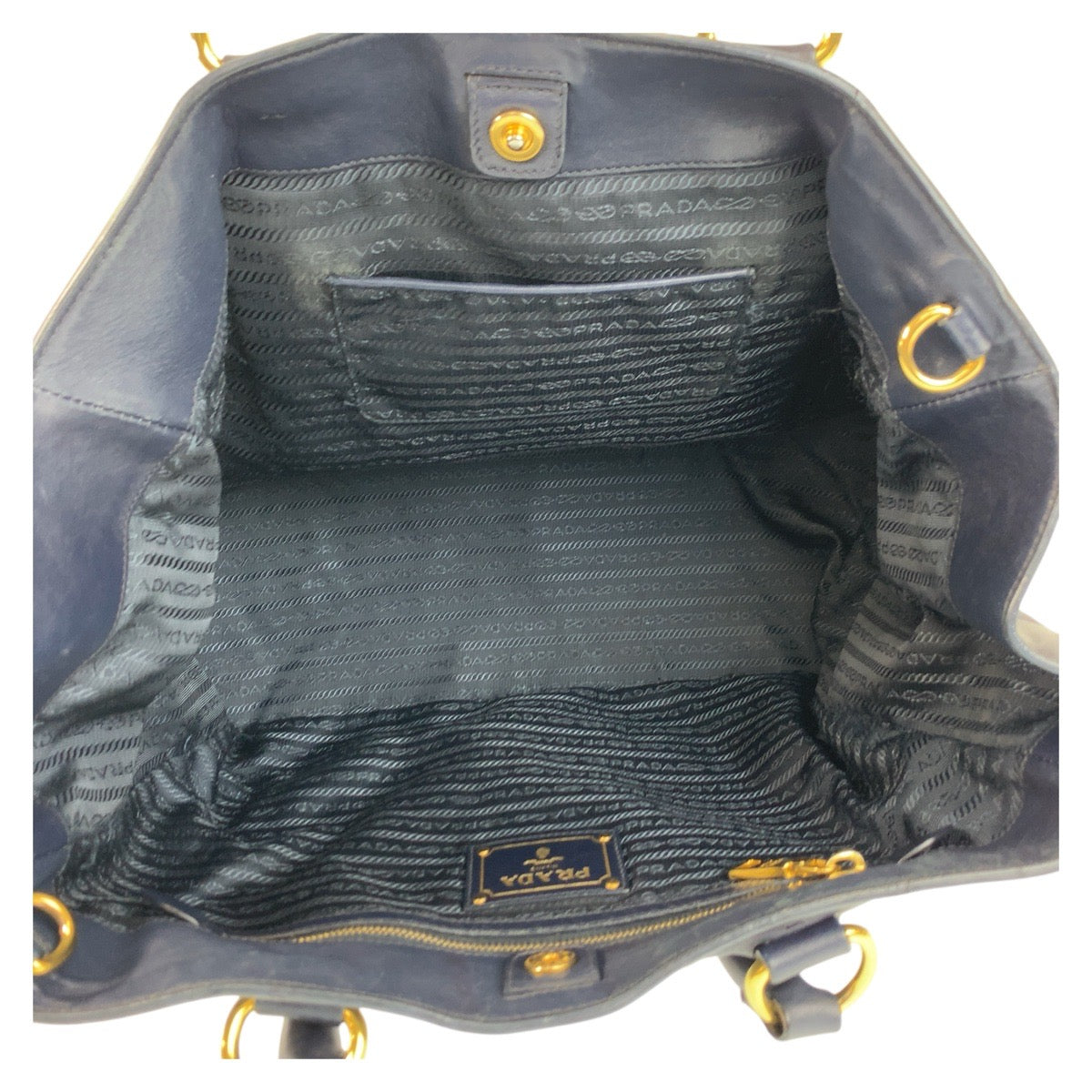 PRADA Tote Bag leather Navy Gold Metal Tote Bag Shoulder Bag Women Used Authentic