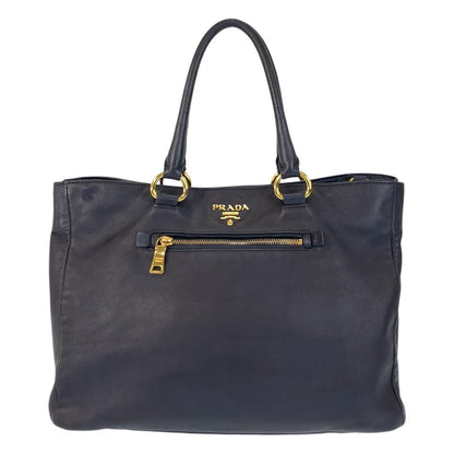 PRADA Tote Bag leather Navy Gold Metal Tote Bag Shoulder Bag Women Used Authentic