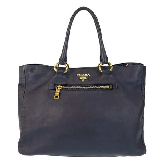 PRADA Tote Bag leather Navy Gold Metal Tote Bag Shoulder Bag Women Used Authentic
