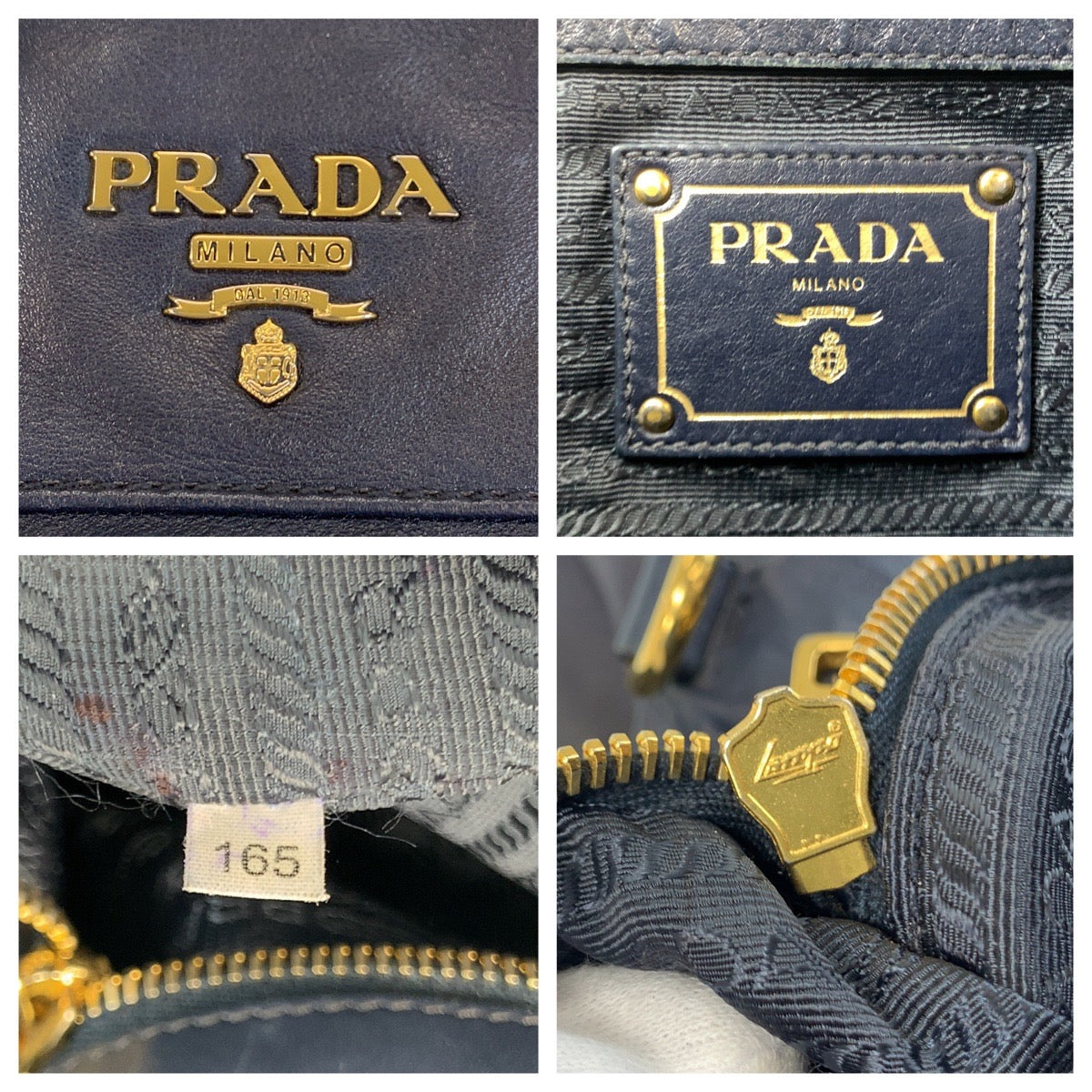 PRADA Tote Bag leather Navy Gold Metal Tote Bag Shoulder Bag Women Used Authentic