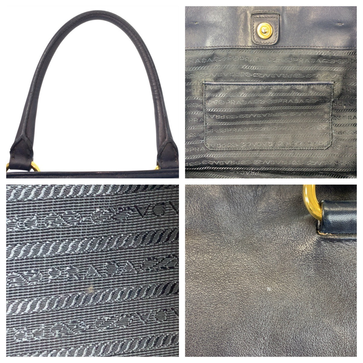 PRADA Tote Bag leather Navy Gold Metal Tote Bag Shoulder Bag Women Used Authentic