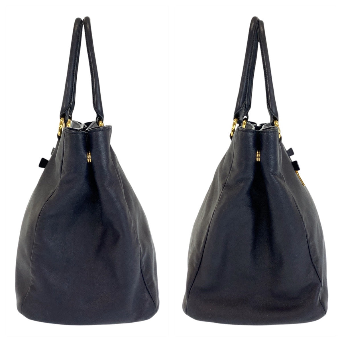 PRADA Tote Bag leather Navy Gold Metal Tote Bag Shoulder Bag Women Used Authentic