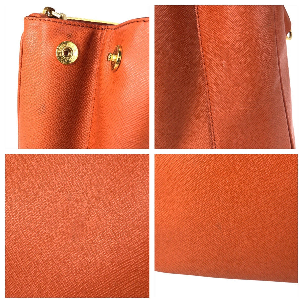 PRADA Handbag leather Orange GoldMetal Tote Bag handbag Safiano Women Used Authentic
