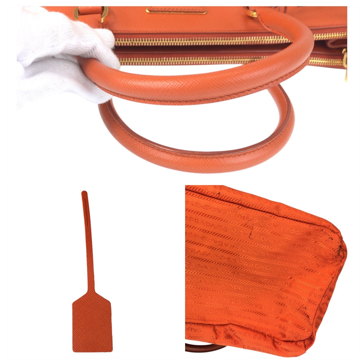 PRADA Handbag leather Orange GoldMetal Tote Bag handbag Safiano Women Used Authentic