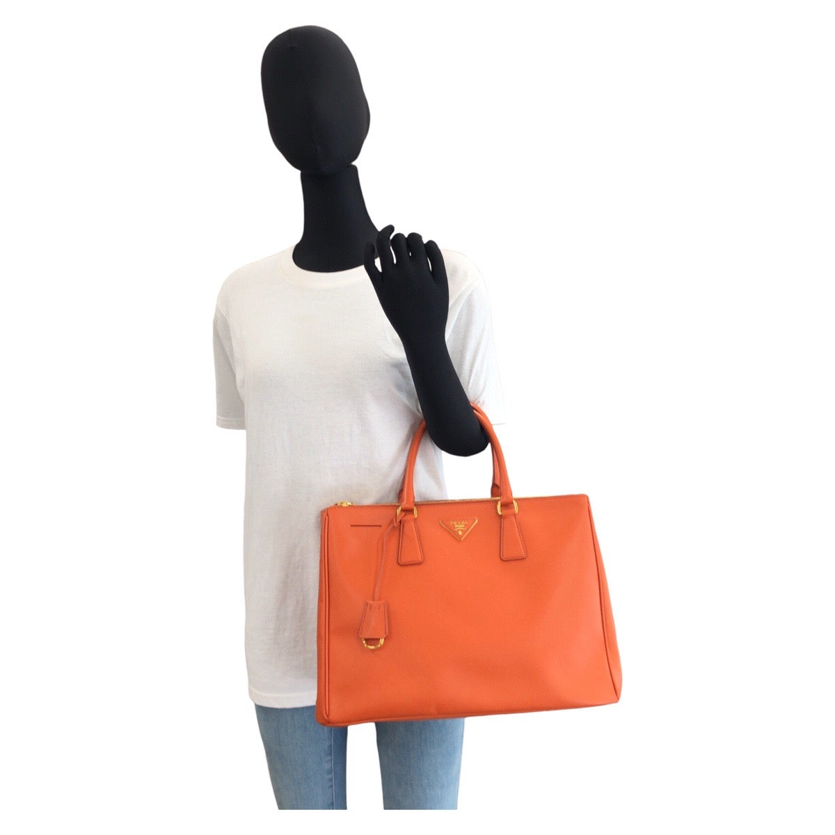 PRADA Handbag leather Orange GoldMetal Tote Bag handbag Safiano Women Used Authentic
