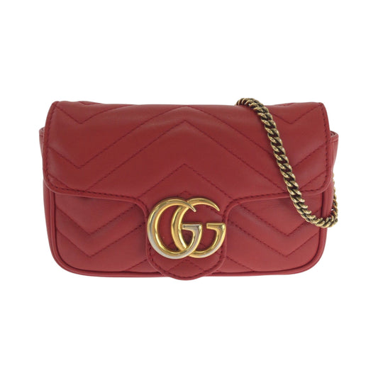 GUCCI Shoulder Bag 476433 leather Red Gold Metal ChainShoulder Bag GG Marmont Women Used Authentic