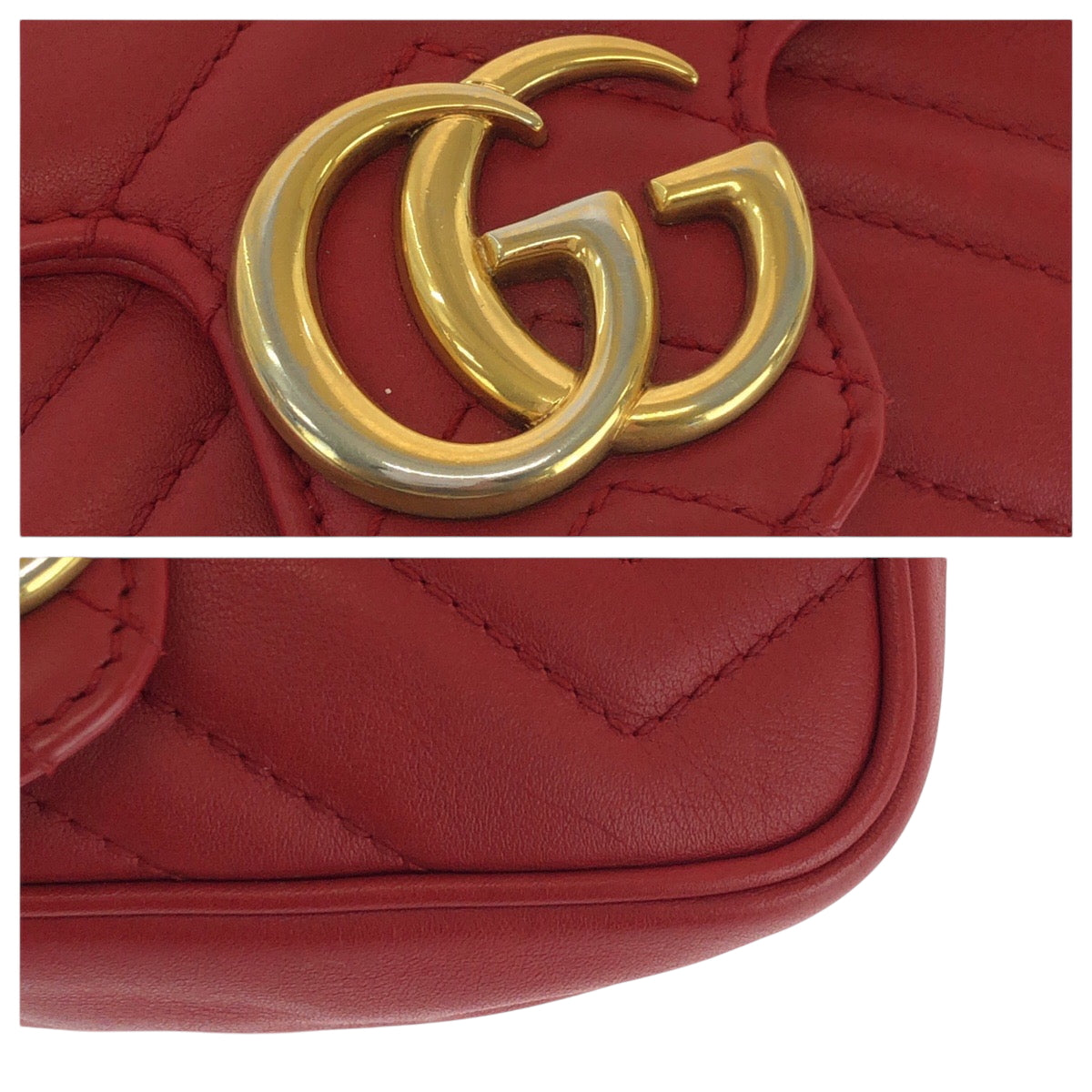 GUCCI Shoulder Bag 476433 leather Red Gold Metal ChainShoulder Bag GG Marmont Women Used Authentic