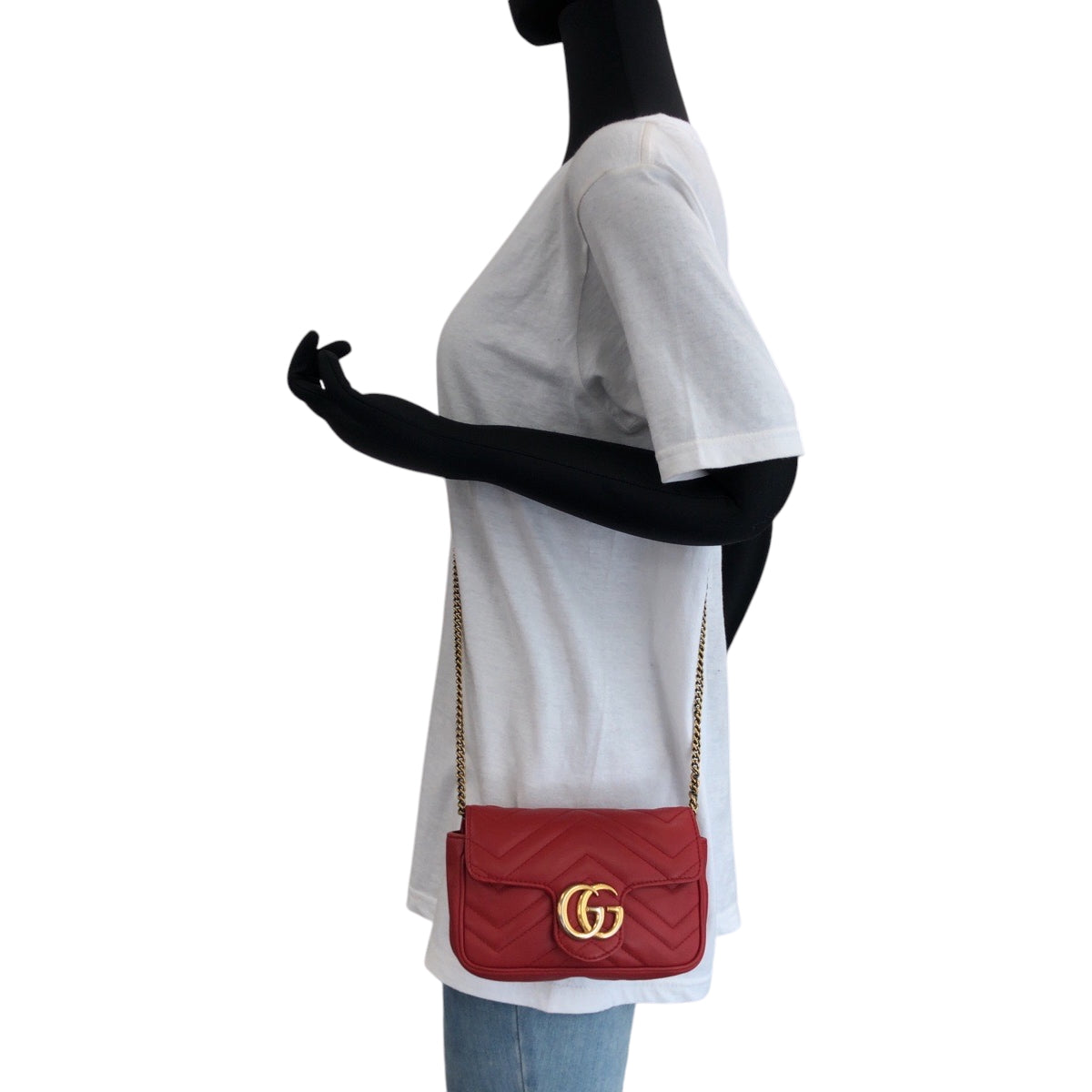 GUCCI Shoulder Bag 476433 leather Red Gold Metal ChainShoulder Bag GG Marmont Women Used Authentic