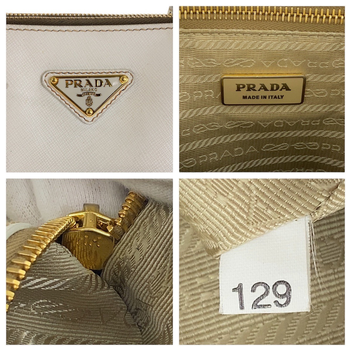 PRADA Tote Bag leather White GoldMetal Tote Bag handbag Safiano Galleria Women Used Authentic