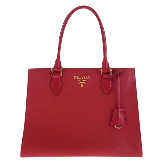 PRADA Tote Bag leather Red Gold Metal Tote Bag handbag Safiano Women Used Authentic