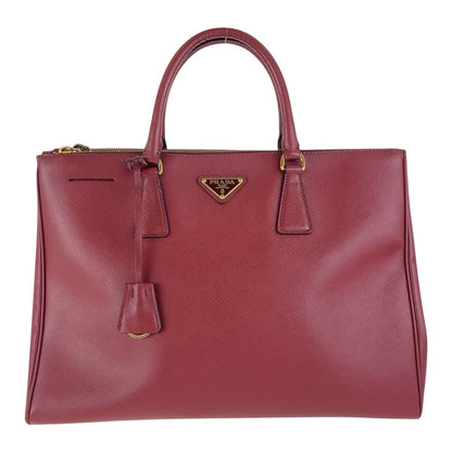 PRADA Tote Bag leather Red Gold Metal Tote Bag handbag Galleria Saffiano Triangle With logo Women Used Authentic