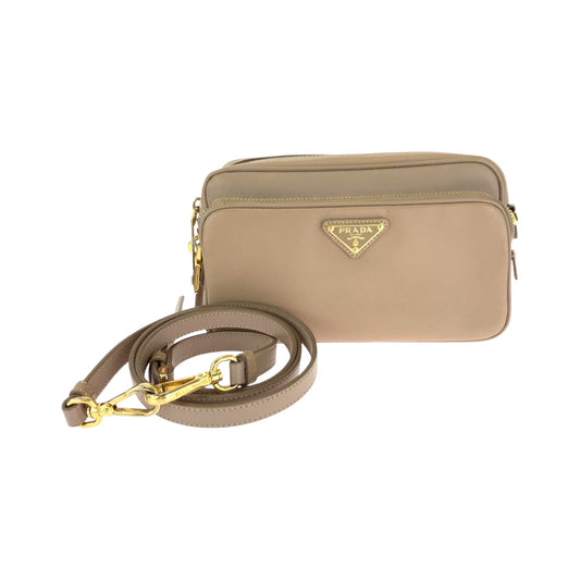 PRADA Shoulder Bag BT1010 leather Pink Beige Gold Metal Shoulder Bag pochette Safiano Triangle With logo Women Used Authentic