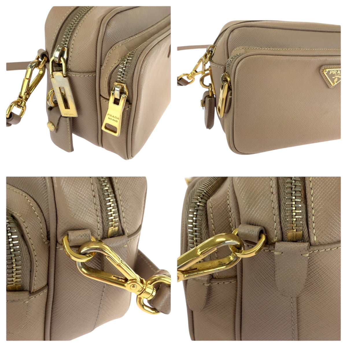 PRADA Shoulder Bag BT1010 leather Pink Beige Gold Metal Shoulder Bag pochette Safiano Triangle With logo Women Used Authentic