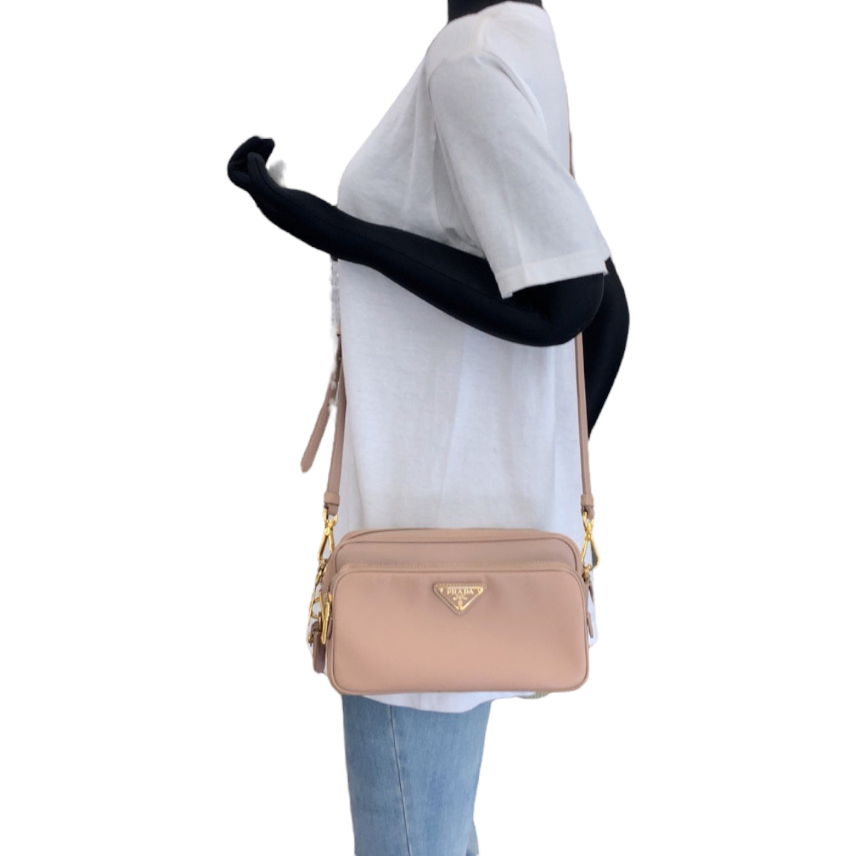PRADA Shoulder Bag BT1010 leather Pink Beige Gold Metal Shoulder Bag pochette Safiano Triangle With logo Women Used Authentic