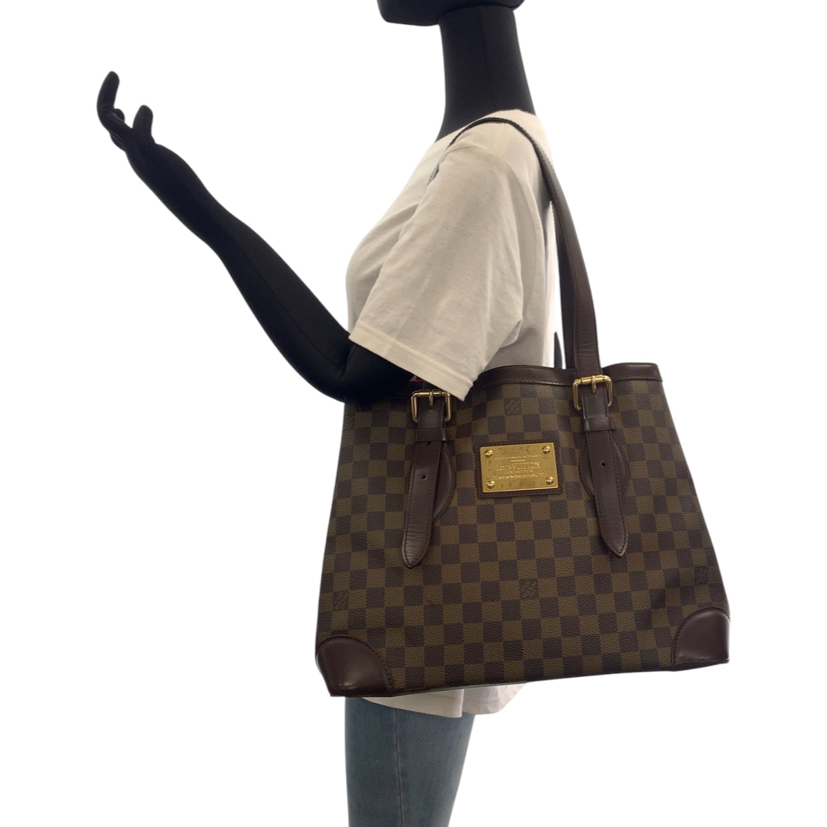 LOUIS VUITTON Tote Bag N51204 PVC Brown Gold Metal Tote Bag Shoulder Bag Damier HamsteadMM Women Used Authentic