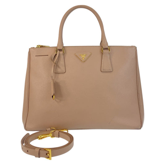 PRADA Handbag leather Beige Pink Beige Gold Metal Handbag Tote Bag Shoulder Bag 2way Safiano Galleria TriangleWith logo Women Used Authentic