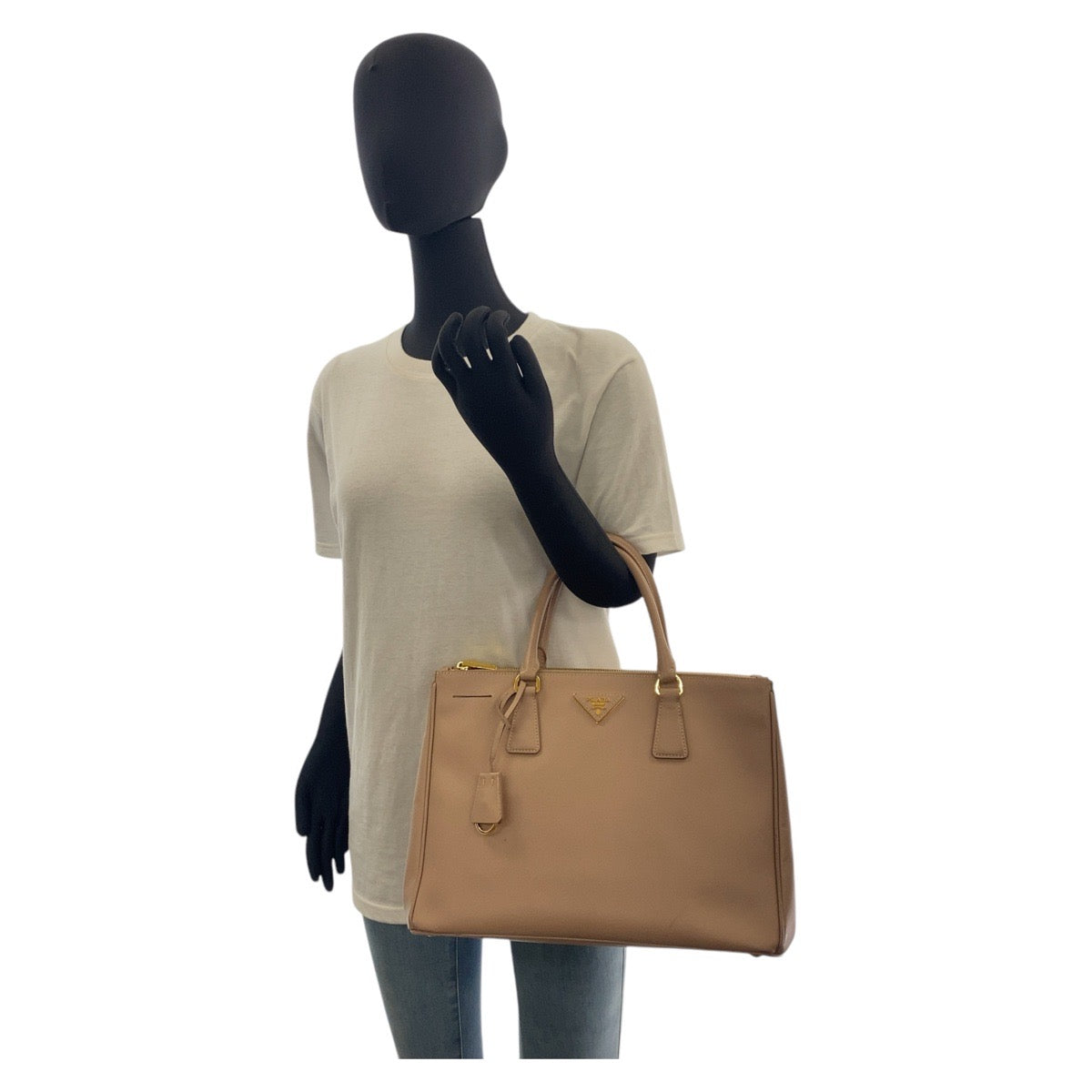 PRADA Handbag leather Beige Pink Beige Gold Metal Handbag Tote Bag Shoulder Bag 2way Safiano Galleria TriangleWith logo Women Used Authentic