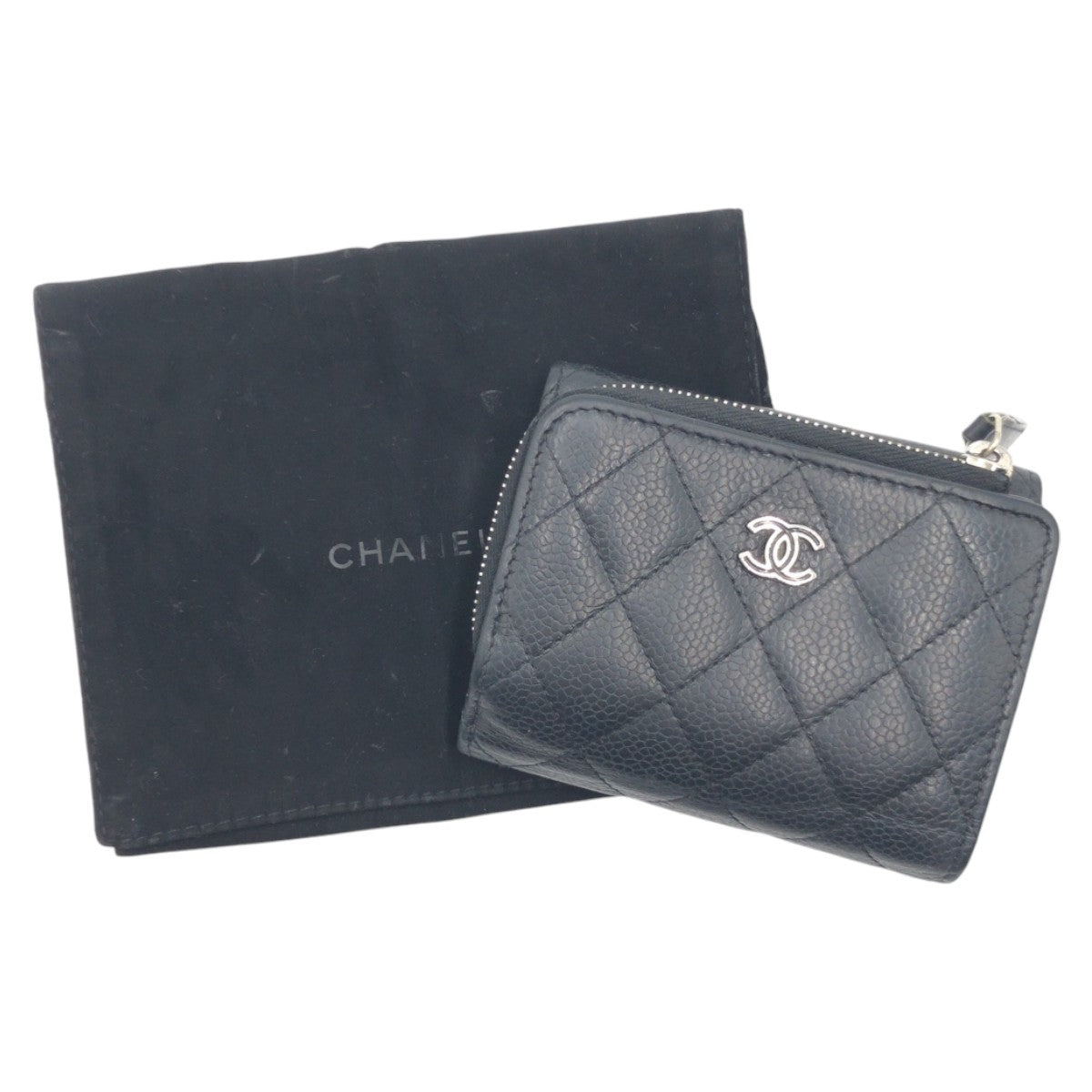 CHANEL Tri-fold wallet Caviar skin Black black Tri-fold Wallet Folded Wallet Compact Wallet Matrasse COCO Mark Women Used Authentic