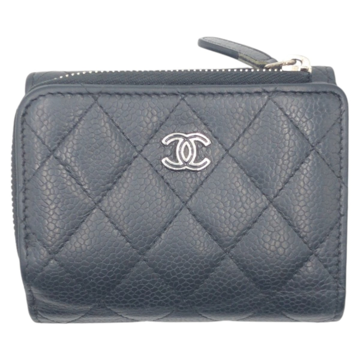CHANEL Tri-fold wallet Caviar skin Black black Tri-fold Wallet Folded Wallet Compact Wallet Matrasse COCO Mark Women Used Authentic