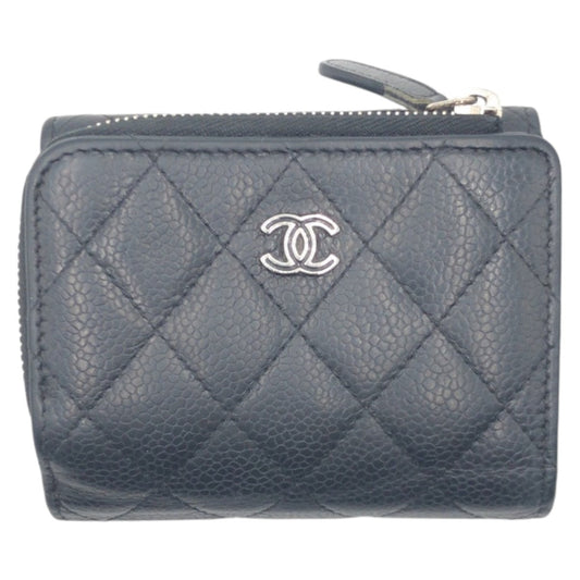 CHANEL Tri-fold wallet Caviar skin Black black Tri-fold Wallet Folded Wallet Compact Wallet Matrasse COCO Mark Women Used Authentic